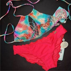 NWT LULI FAMA M BIKINI LIBERTAD TORNASOL BOMBSHELL RED TEAL GREEN Pink animal